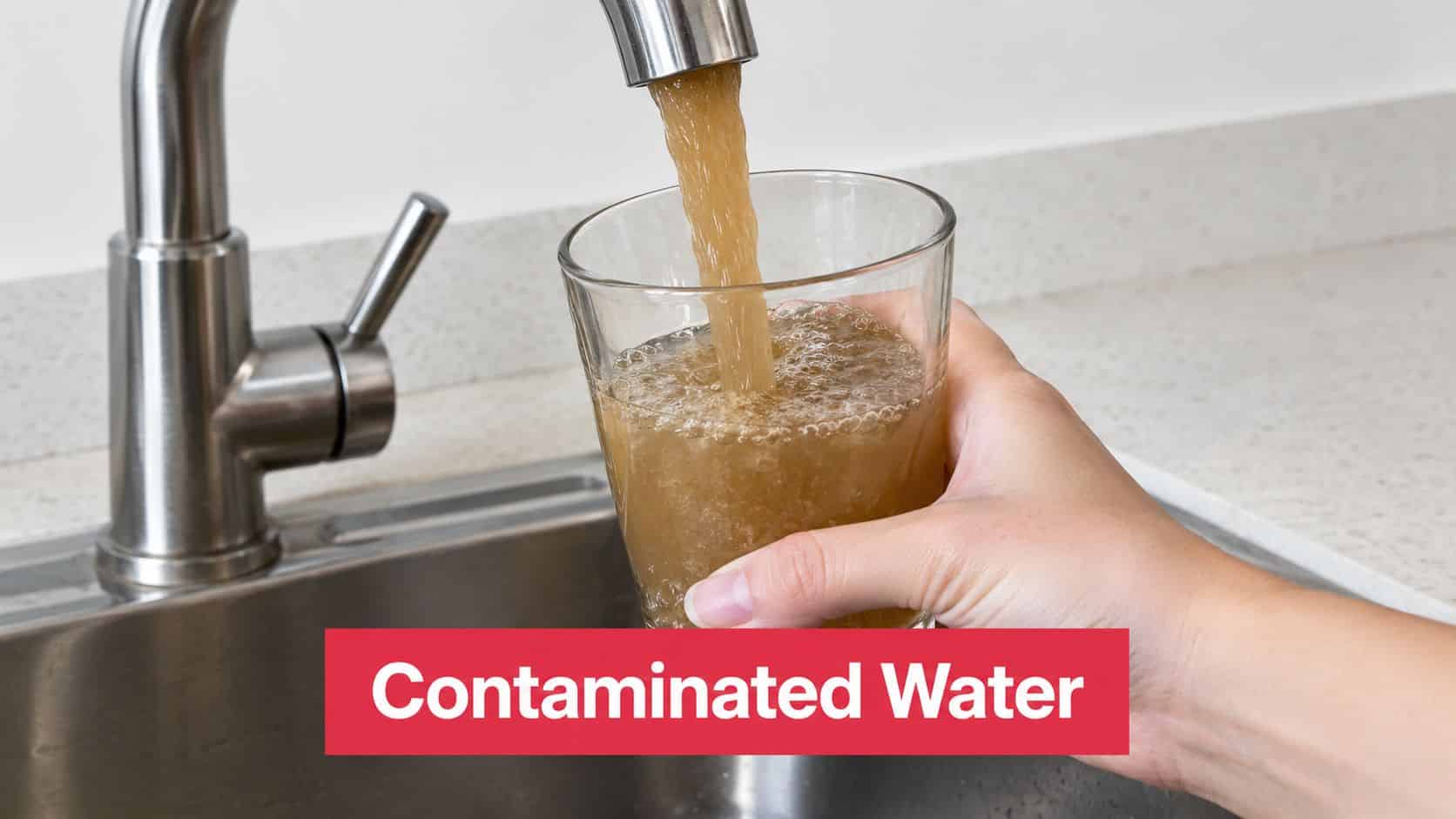 A hand holding a clear glass being filled with murky, brown contaminated tap water from a faucet.