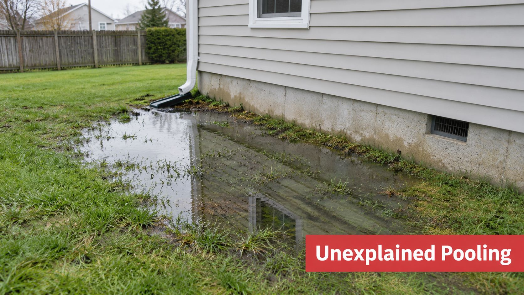 Large puddle of water pooling along the foundation of a house next to a downspout extension.
